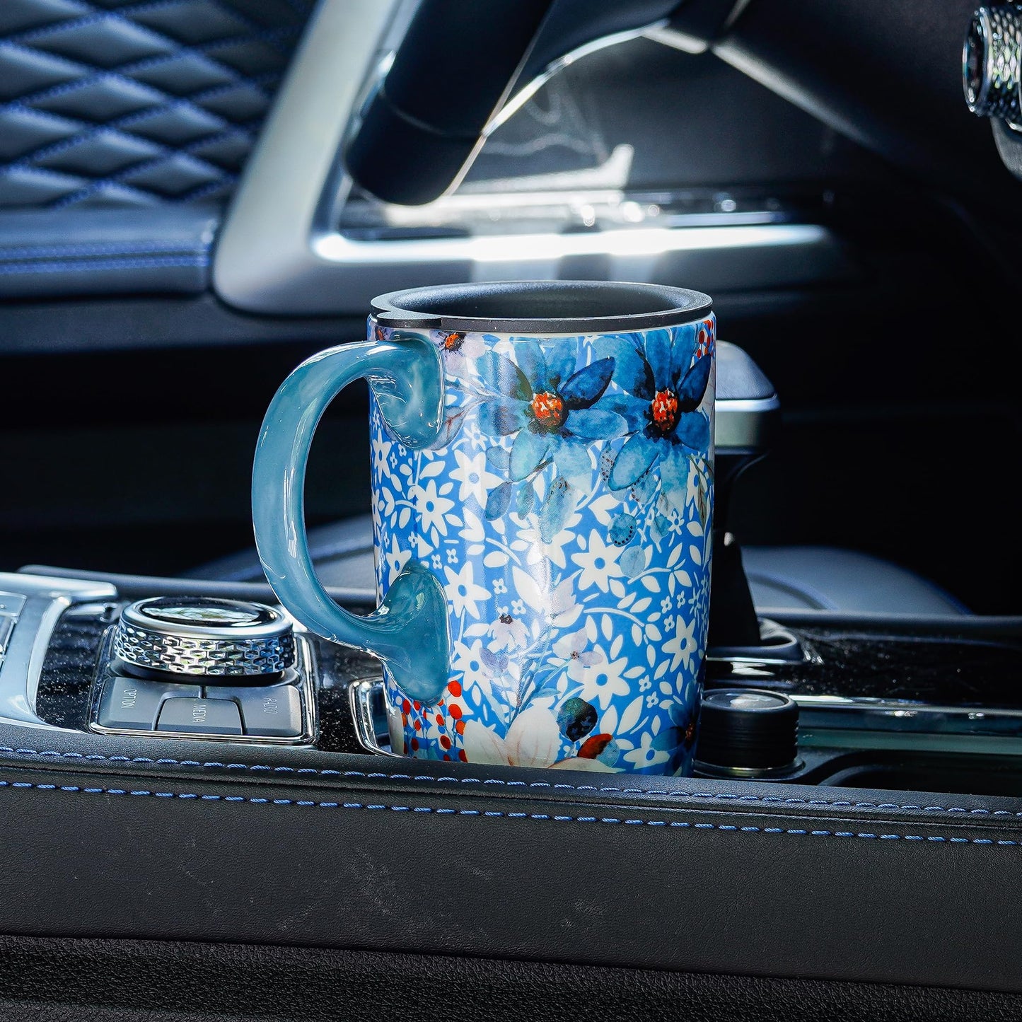 Topadorn Ceramic Coffee Mug Travel Cup Gift with Lid 17oz, Porcelain Tall Tea Cup with Handle for Home & Office, Blue Flower Art Pattern Mug in Gift Box, 6.5''H