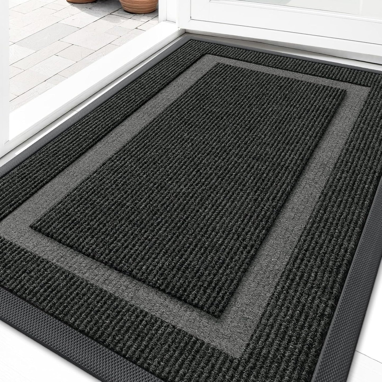 OLANLY Black 2-Piece Door Mat Set - Half Circle & Geometric Design (29.5" x 17")
