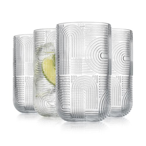 Glaver's Drinking Glasses, Highball Glasses, 17 Ounce Thick Embossed Designed, Set of 4 Clear Kitchen Glassware For Everyday Elegant Serving Coolers, Urban Pattern Modern Drinking Glasses