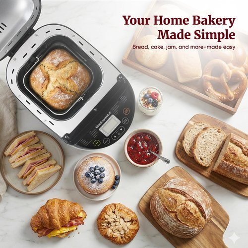 Elite Gourmet Programmable Bread Maker, 2 lb Loaf, 3 Sizes, 19 Presets incl. Gluten-Free, Dough & Jam, Delay Timer, Black