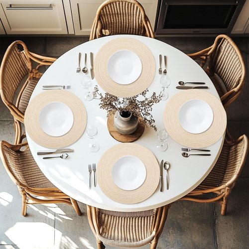 Braided Round Placemats Set of 6,Woven Washable Non-Slip Table Mats for Kitchen Dining, 14.5 Inch, Heat Resistant - Natural Fabric Indoor Outdoor Place Mats(Khaki)