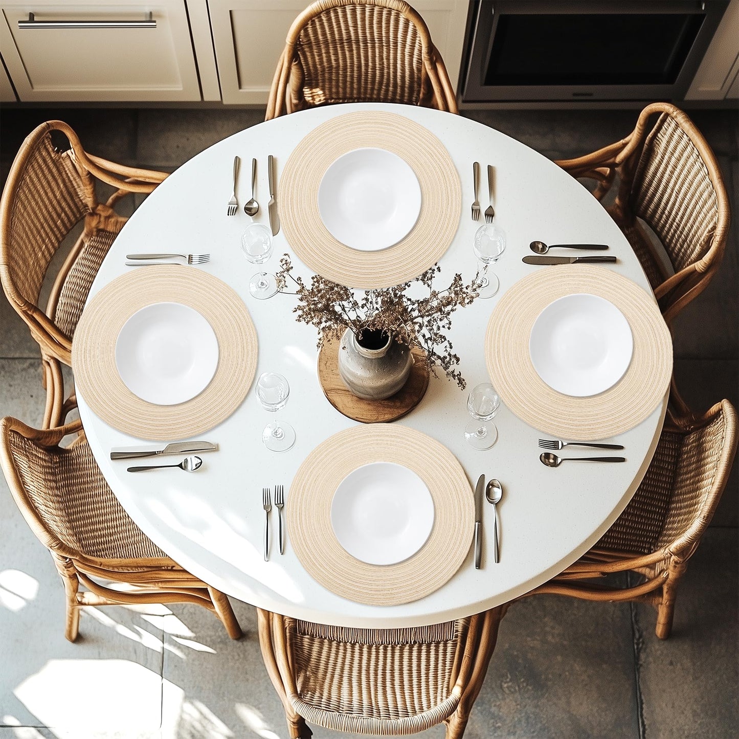 Braided Round Placemats Set of 6,Woven Washable Non-Slip Table Mats for Kitchen Dining, 14.5 Inch, Heat Resistant - Natural Fabric Indoor Outdoor Place Mats(Green)