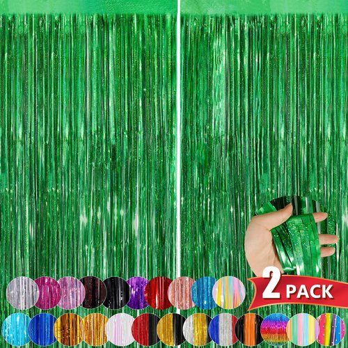 Green Metallic Tinsel Foil Fringe Curtains, 2 Pack 3.3x8.3 Feet Party Streamer for Birthday Party Decorations, Halloween Decor, Foil Curtain Backdrop for Christmas Party Decorations