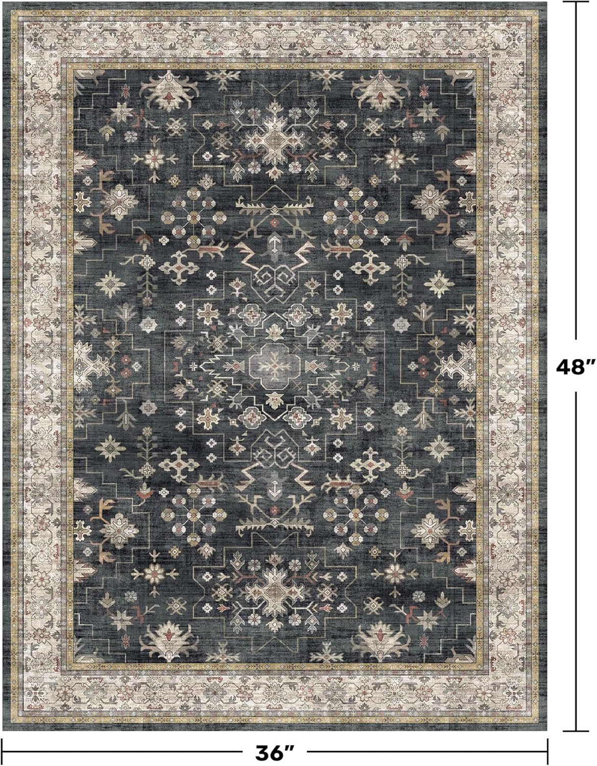 Skiennix Black Boho Washable Entry Rug - Non-Slip, Stain & Fade Resistant | 3x4 Indoor Door Mat
