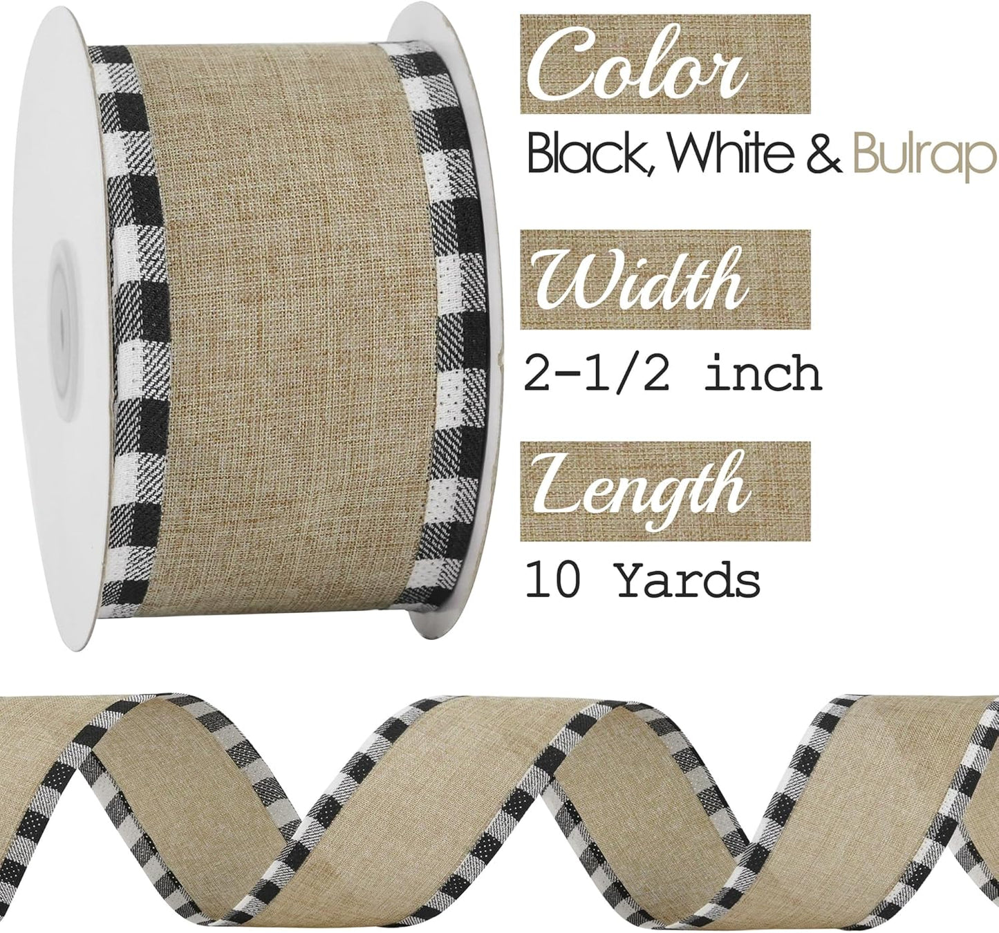 MEEDEE Burlap Christmas Ribbon - 2.5 Inch Wired Plaid with Black & White Edging | 10 Yards for Tree & Wreath Decor