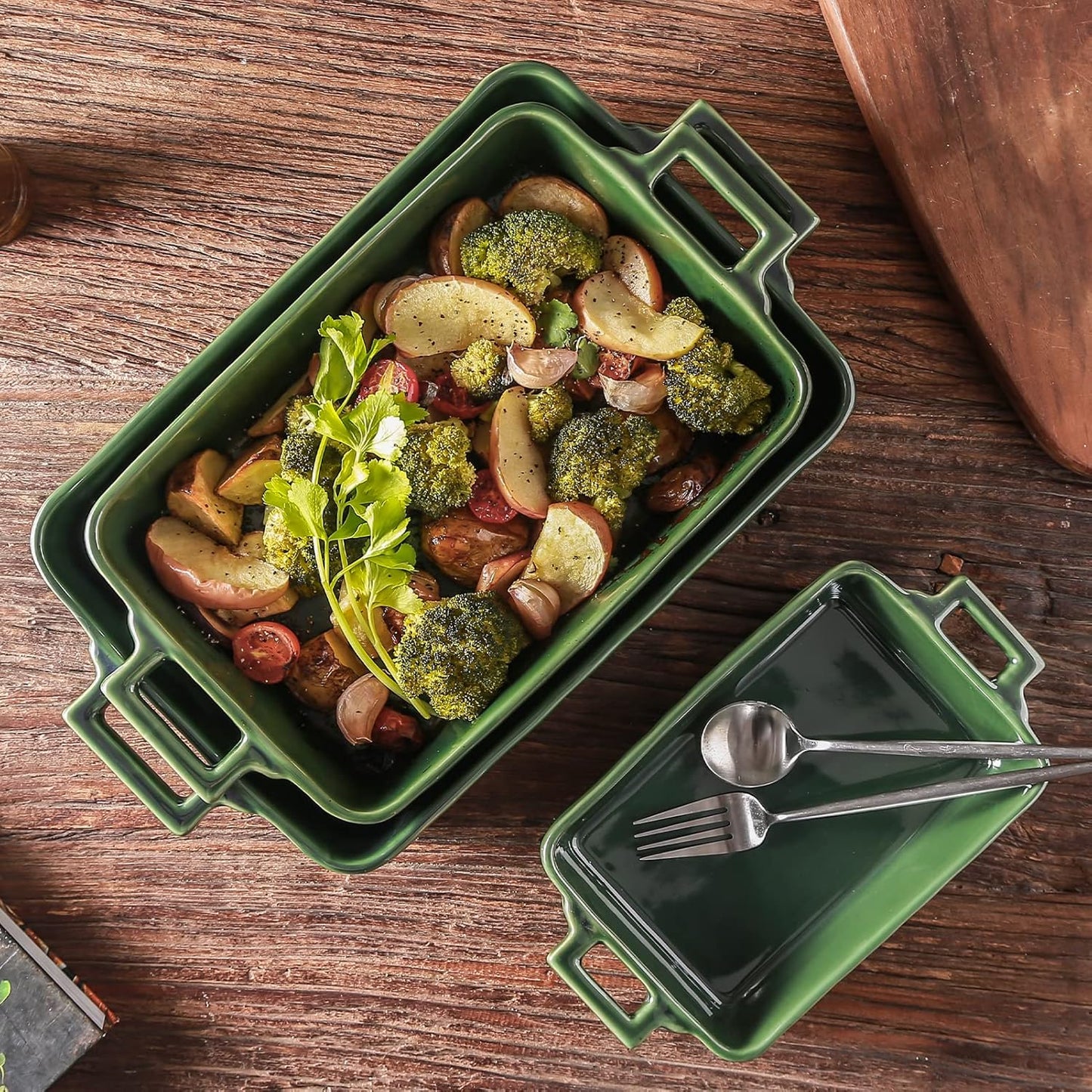 VICRAYS Ceramic Bakeware Set - Porcelain Rectangular Baking Dish for Lasagna & Casserole | 3-Piece, 15 x 8.5 Inches (Green)