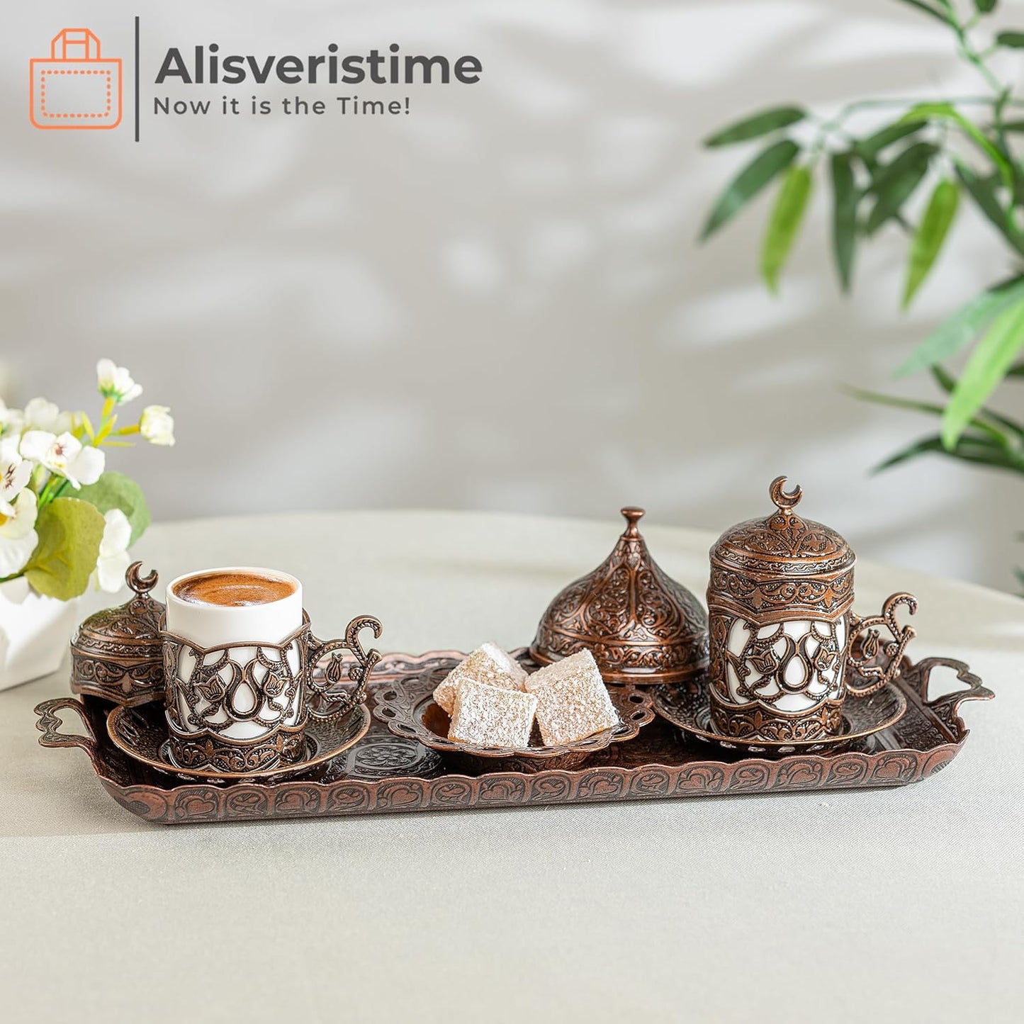 Alisveristime Ottoman Turkish Greek Arabic Espresso Coffee Cups with Saucer and Lid (Set of 2) (Hilal) (Silver)