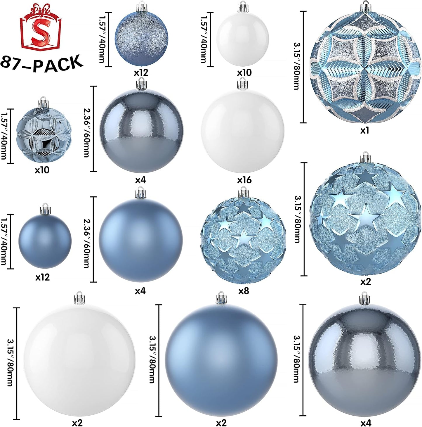 87ct Christmas Ball Ornaments Set Shatterproof Seasonal Hanging Decorations with Reusable Hand-held Gift Package for Xmas Tree Holiday Party and Home Decor, Gold