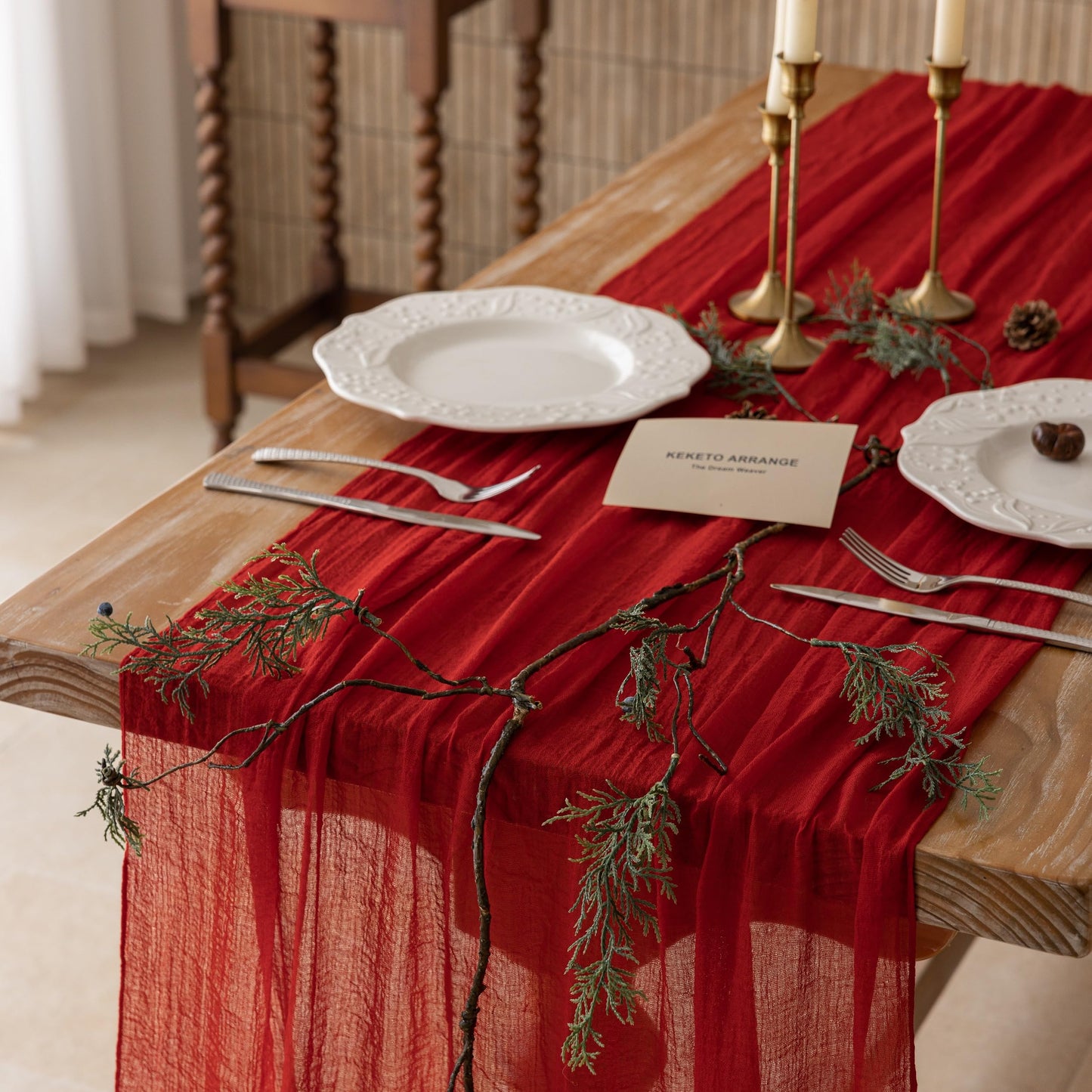 Keketoarrange Red Mothers Day Cheesecloth Table Runner Cheese Cloth Rustic Gauze Table Runner 120 Inch 10 FT for Wedding Baby Bridal Shower Sheer Boho Holiday Spring Home Decorations