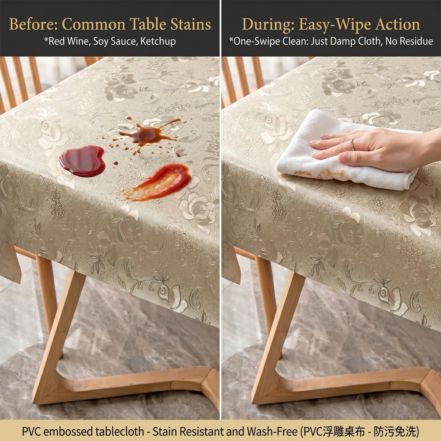 FAVE Gold Tablecloth Waterproof PVC Table Cover Wipeable Easy Clean for Kitchen Dining Table, Golden Rose Pattern 55x78 Inches for Wedding Banquet Birthday Party Restaurant Decors