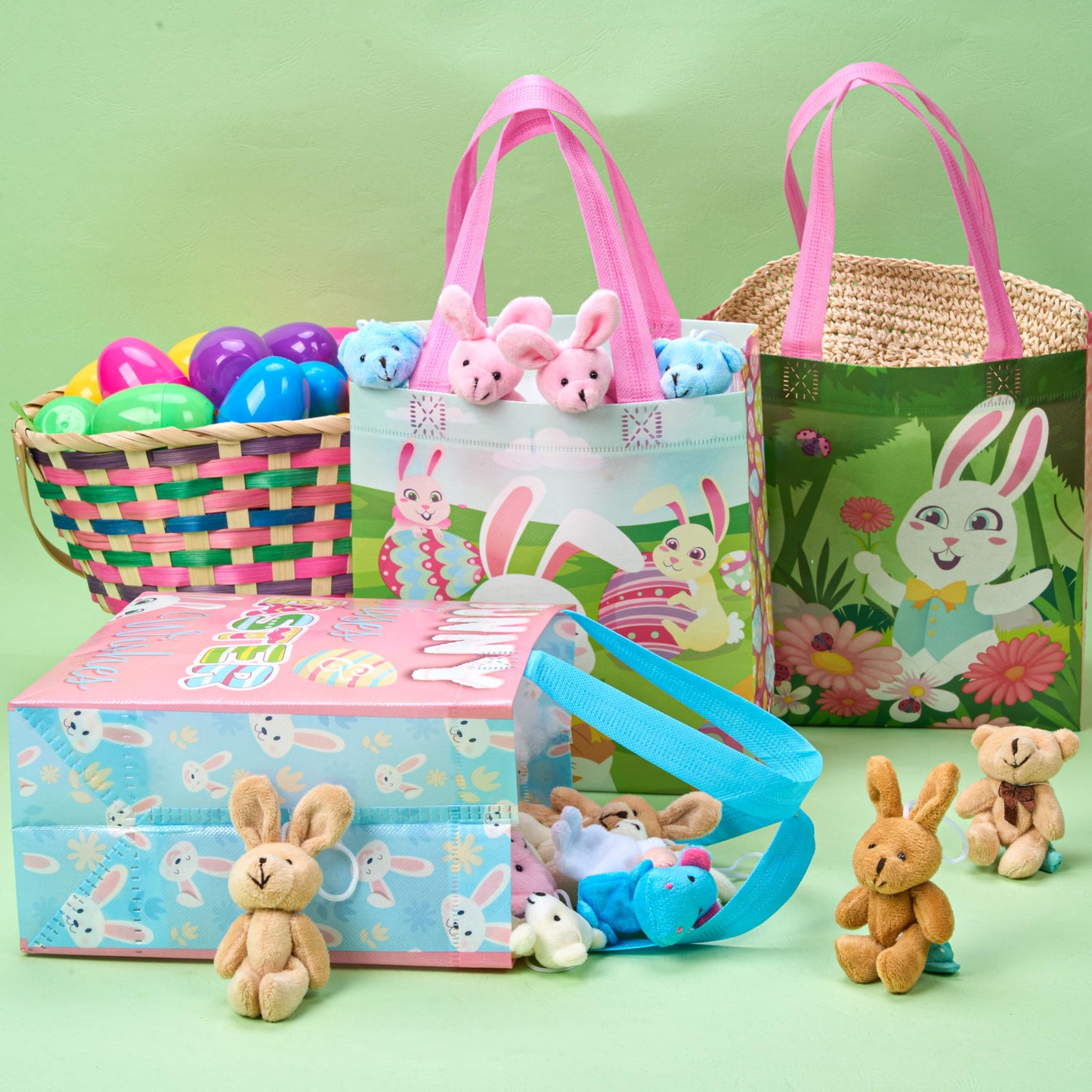 JOYIN 6 Pcs Easter Non-woven Tote Bags with Handle, Happy Easter Egg Bunny Frog Chick & Egg Gift Treat Bags for Gifts Wrapping, Kids Party Supplies & Hunt Game