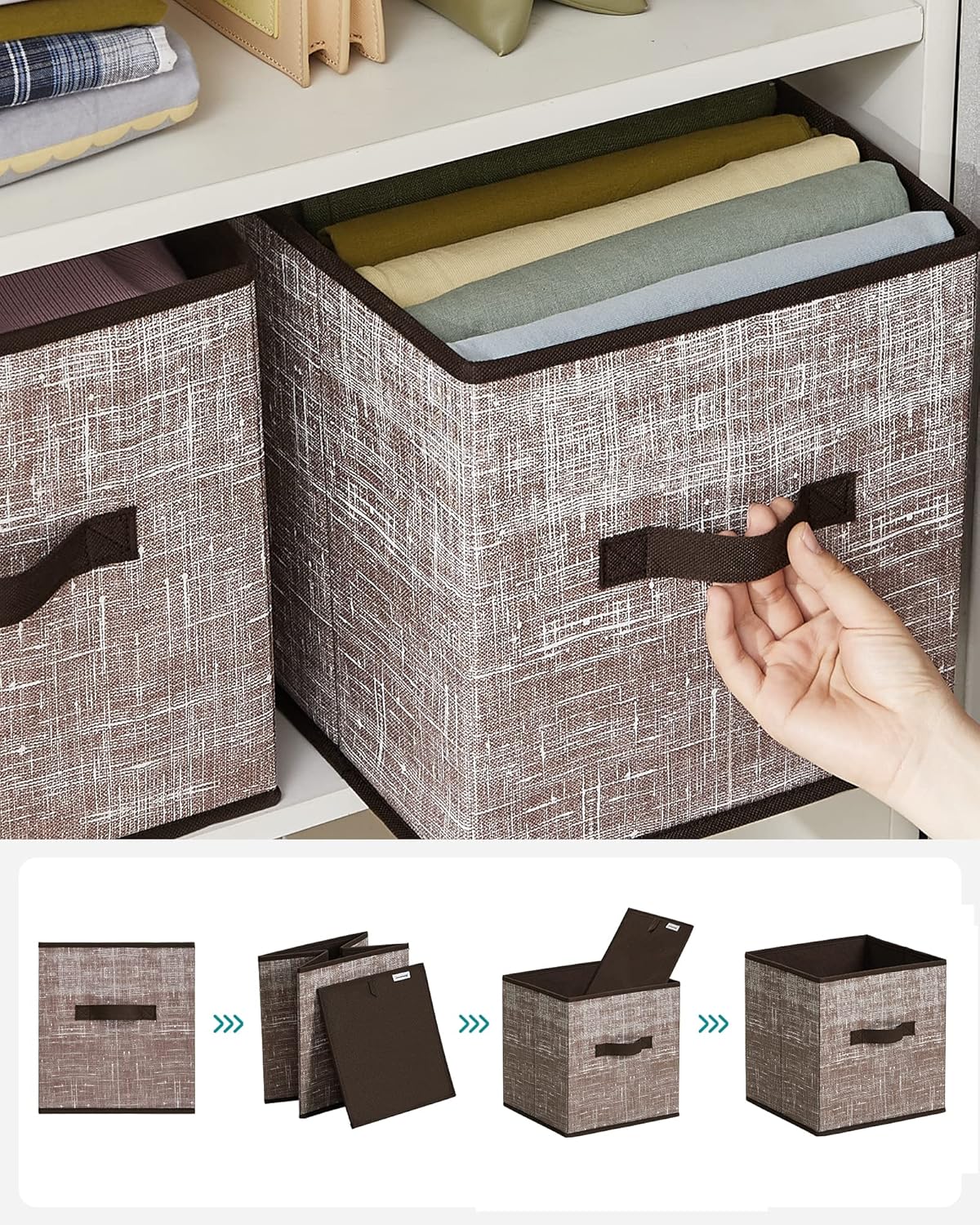 SONGMICS Storage Cubes - 11-Inch Foldable Non-Woven Fabric Bins with Double Handles - Set of 6 in Walnut Color