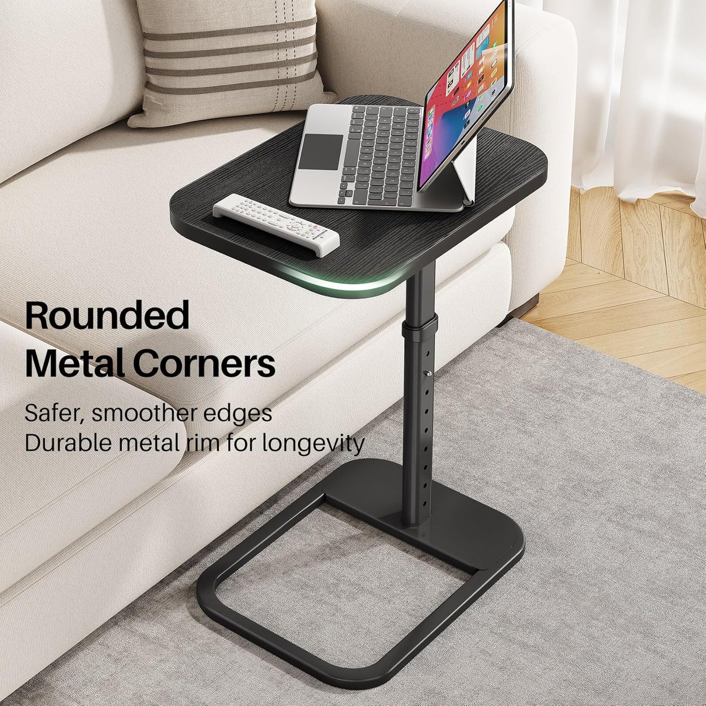 Kitstorack TV Tray Table - Adjustable Height Snack Table with Rounded Metal Corners | Black C-Shaped Design for Couch, Sofa, or Bed