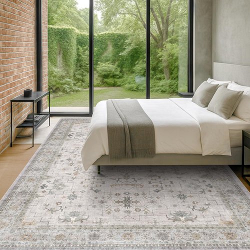 Hazo Haus Boho Light Grey Area Rug - Modern Vintage Floral Design | 10x14 Washable Non-Slip Extra Large for Living Room & Dining Room