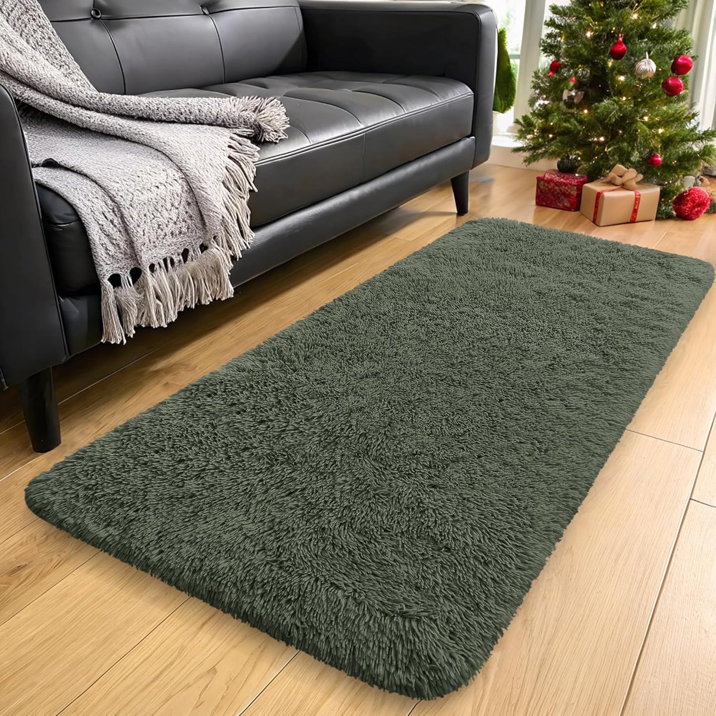 OLANLY Machine Washable Runner Rugs - Soft Fluffy Shaggy Indoor Carpet for Bedroom & Hallway | Olive Green