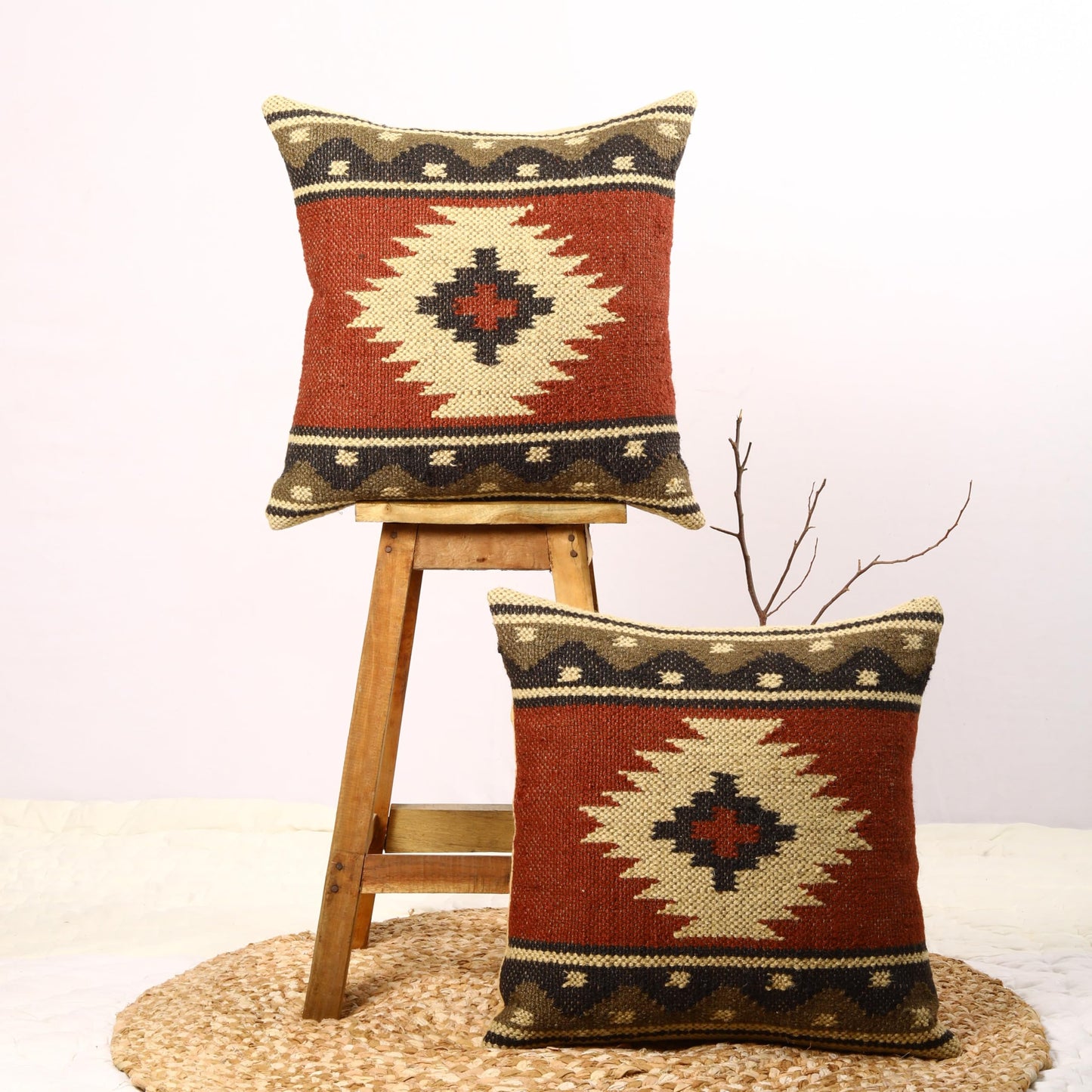 Trade Star 70% Jute 30% Wool Pillow Shams Handloomed Rug Decorative Cushion Case Set of 2 Kilim Cushion Cover Throw Pillow Cover Handwoven Pillowcase 18x18 Inches Designer Cushion Cover (Kilim 12)