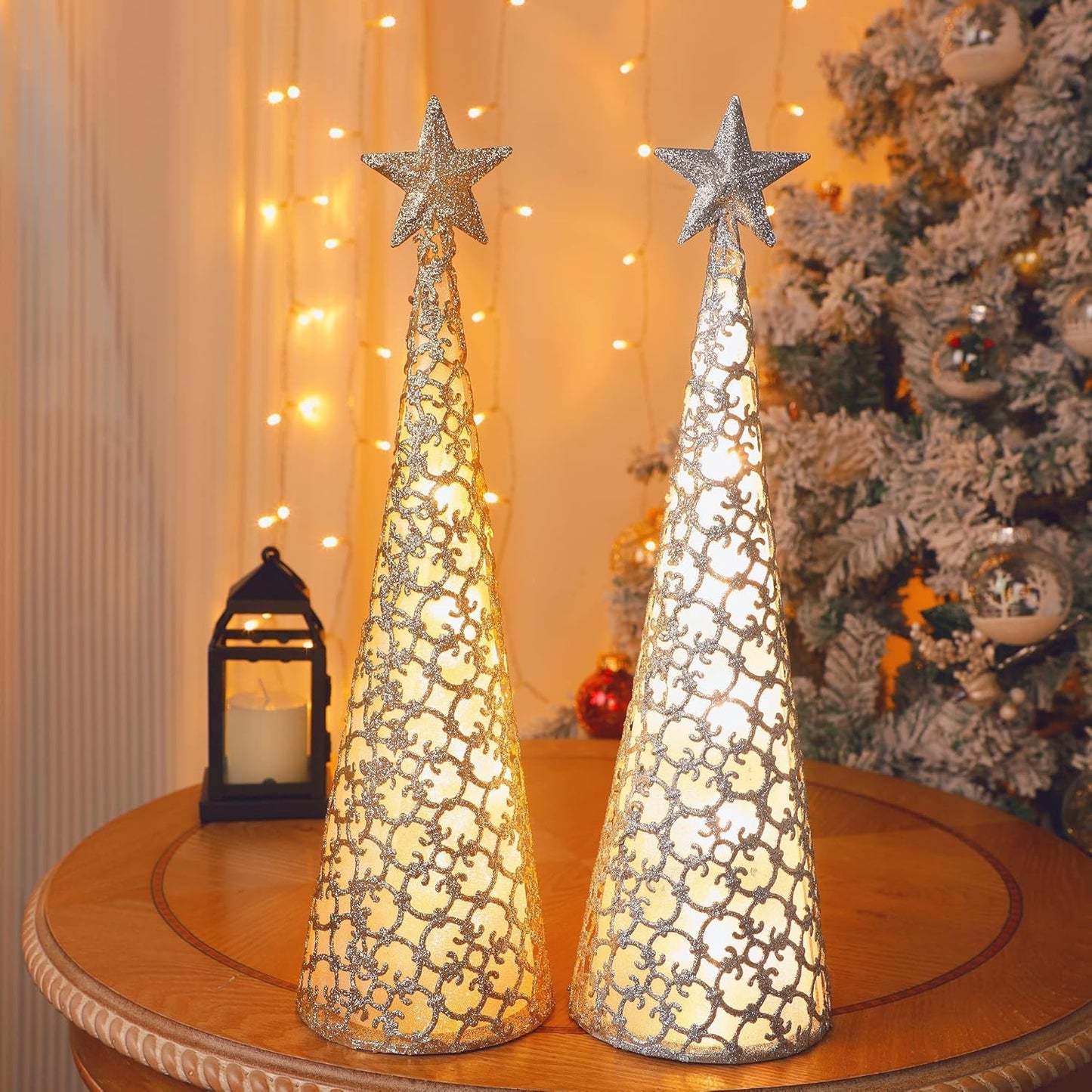 Juegoal Lighted Christmas Table Decorations - Star Design with 10 LED Lights | Set of 2 (Gold & Silver)