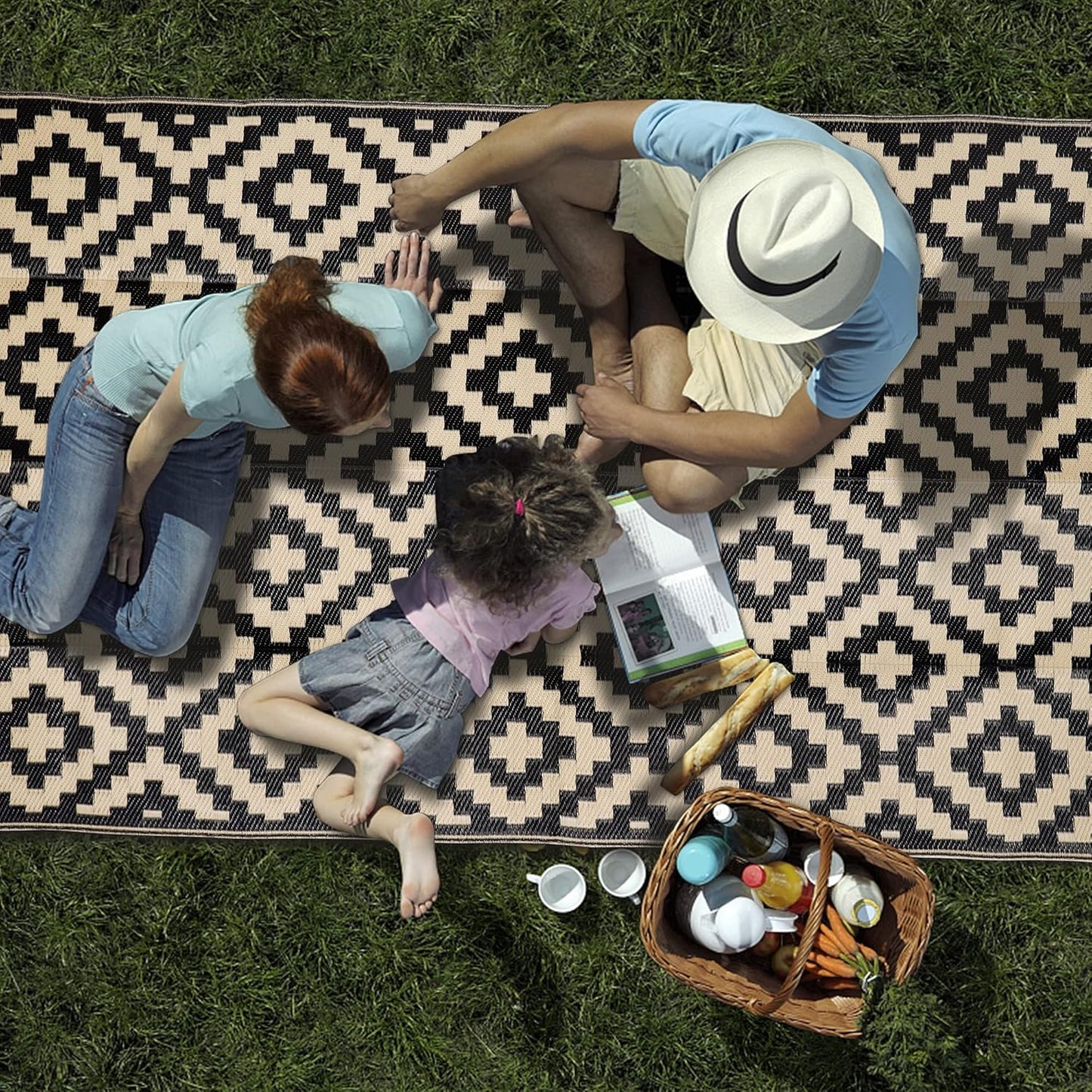 SAND MINE Waterproof Outdoor Rug - Reversible 5x8 ft Area Rug for Patio, Deck, Beach & Camping - Black & Beige