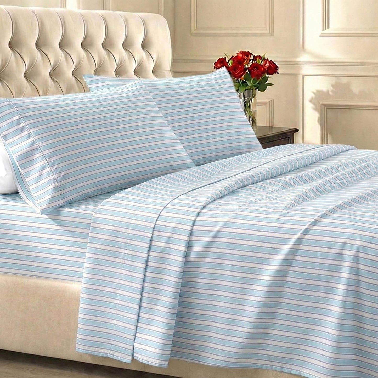 California Design Den 100% Cotton Sheets Set - Award-Winning Cal King Size with Deep Pockets, Cape Stripe Blue