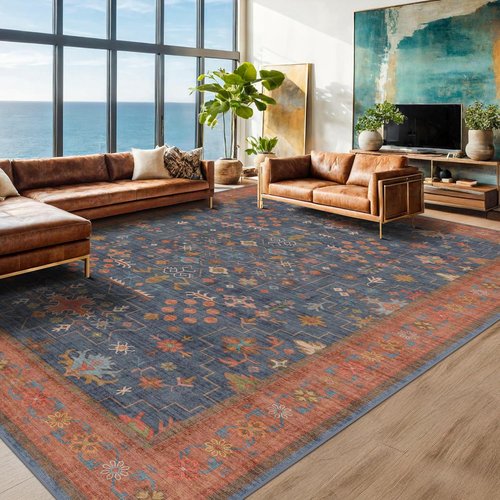 Boho Navy Blue Area Rug - Vintage Floral Design, Soft Low Pile, Non-Slip & Stain Resistant | 10x14 for Living Room & Dining Room