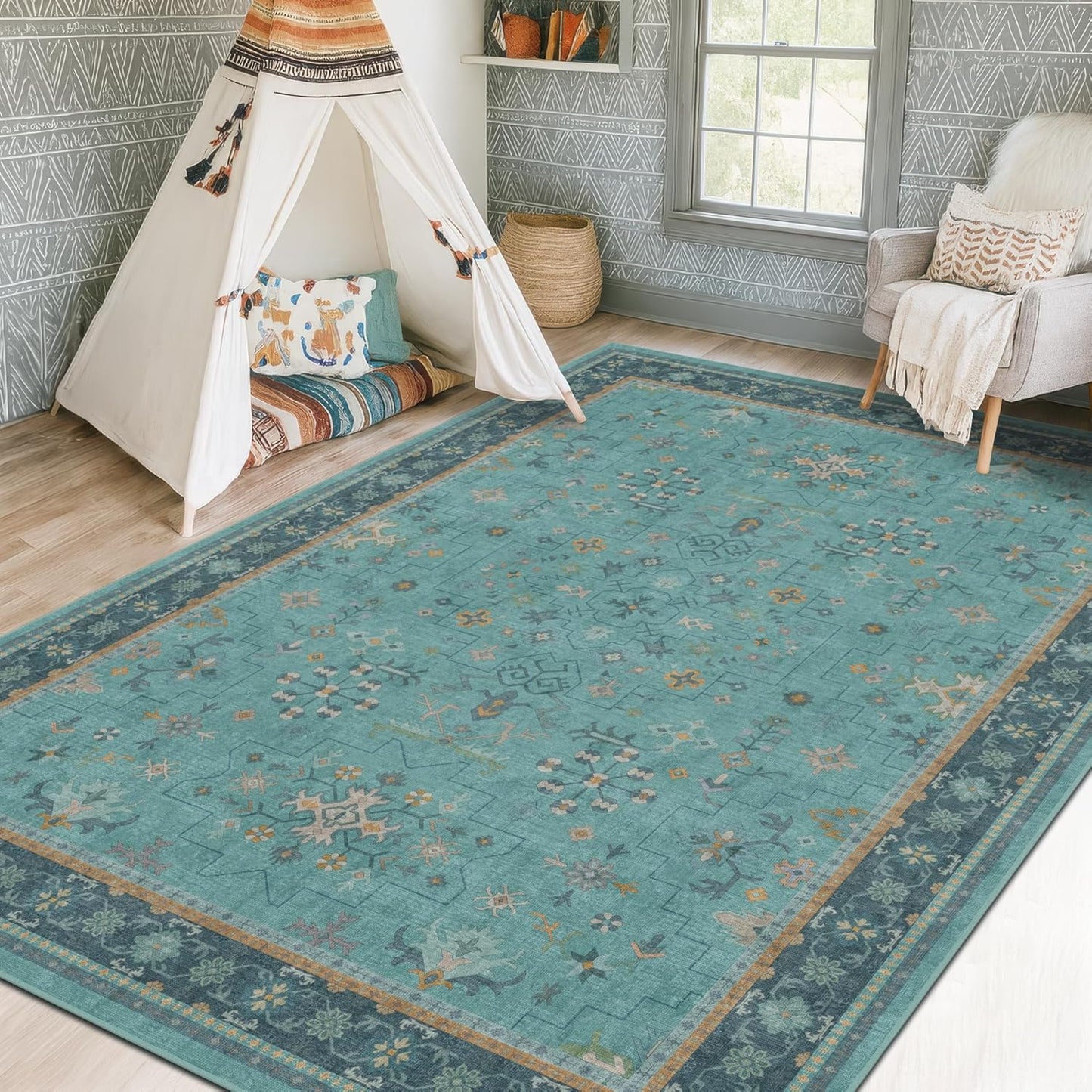 Skiennix Washable Teal Area Rug - Modern Floral Design | 5x8 Low-Pile Non-Skid Carpet for Living Room
