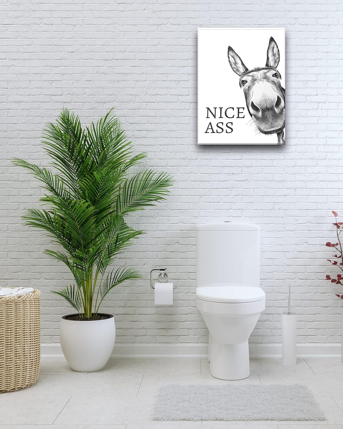 UPWOIGH Funny Bathroom Wall Art - Black and White Donkey Canvas Print | Waterproof Framed Decor, 12x16in