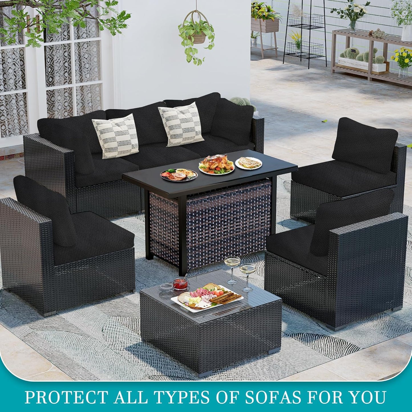 Skiennix 14-Piece Stretch Patio Cushion Covers - Washable Outdoor Sofa Slipcovers | Black
