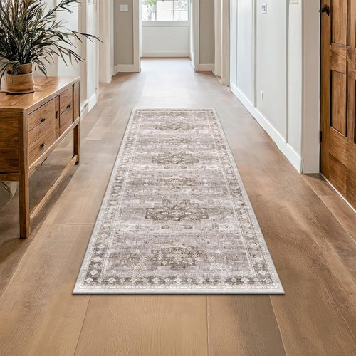 Hazo Haus Boho Runner Rug - 2x7 Long Neutral Farmhouse Design | Vintage Floral, Washable & Non-Slip, Latte Beige