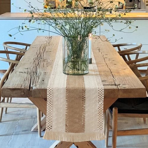 Farmhouse Decor Boho Table Runner with Macrame, Elegant Beige Brown Coffee Table Runners 72 Inches Long, Rustic Home Decor Boho Decorations for Dining Room Kitchen Baby Bridal Shower (12"×72")