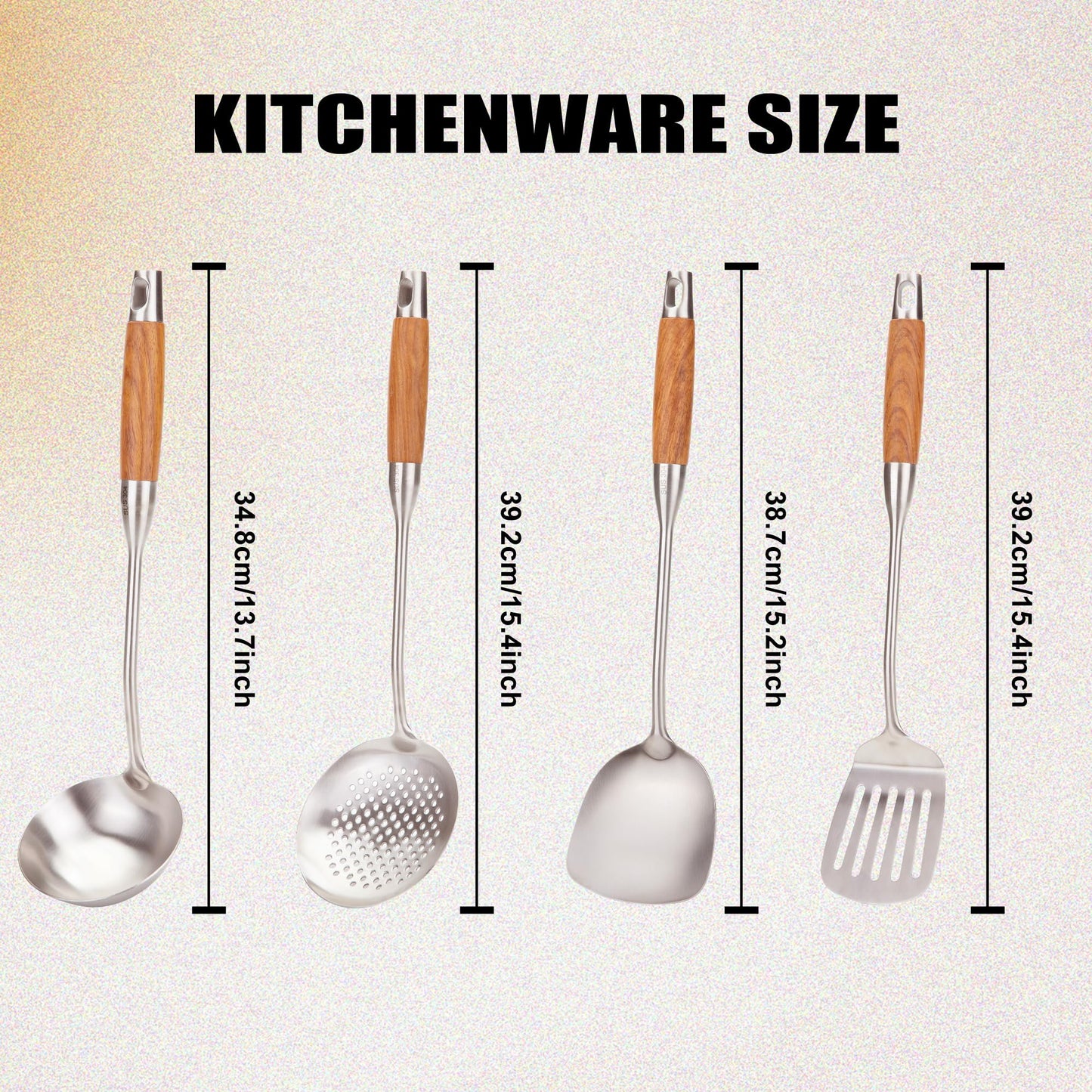 FJNATINH Skimmer Ladle, 15.4inches spatula for wok, 304 Stainless Steel wok spatula,Wooden Handle