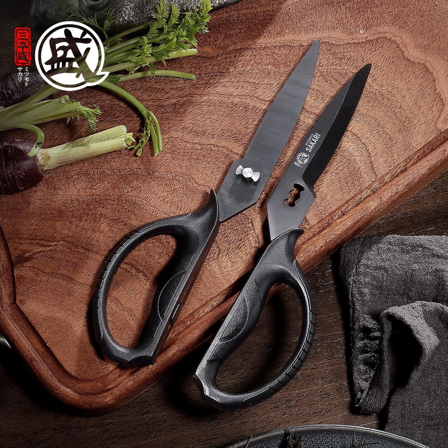 MITSUMOTO SAKARI Kitchen Scissors - Heavy Duty Black Titanium Plated | Multipurpose Cooking & Herb Tool