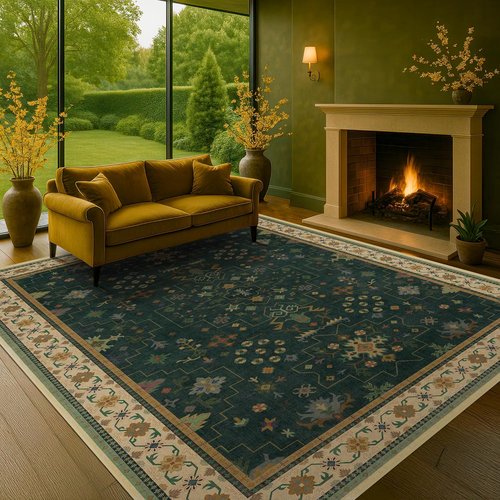 Hazo Haus Vintage Dark Green Washable Rug - Ultra Soft 7x10 Floral Geometric Design for Living Room