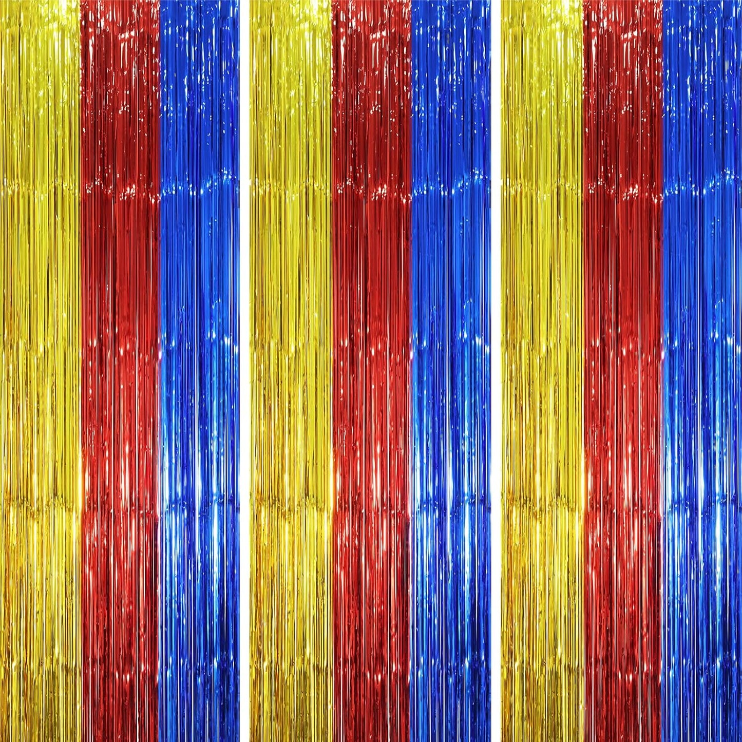Voircoloria 3 Pack Tinsel Streamer Backdrop Curtains - Blue, Red & Gold Foil Fringe | 3.3 x 8.2 Ft Party Decorations