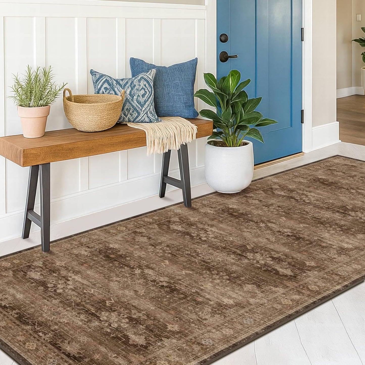 Regine Switzerland Brown Washable Long Runner Rug - Non-Slip Rubber Backing | 2x10 ft Boho Vintage Design