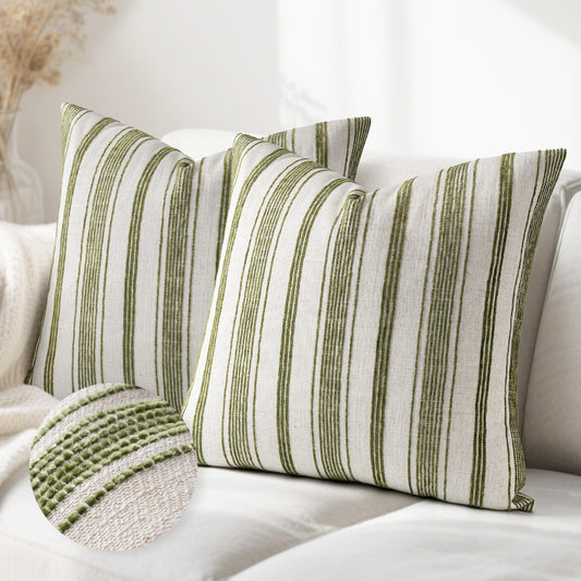 AELS 20x20 Decorative Farmhouse Linen Throw Pillow Covers, Beige with Olive Green Chenille Striped Pillow Case, Set of 2, Boho Textured Cushion Cover for Sofa Couch Living Room (Cover ONLY)