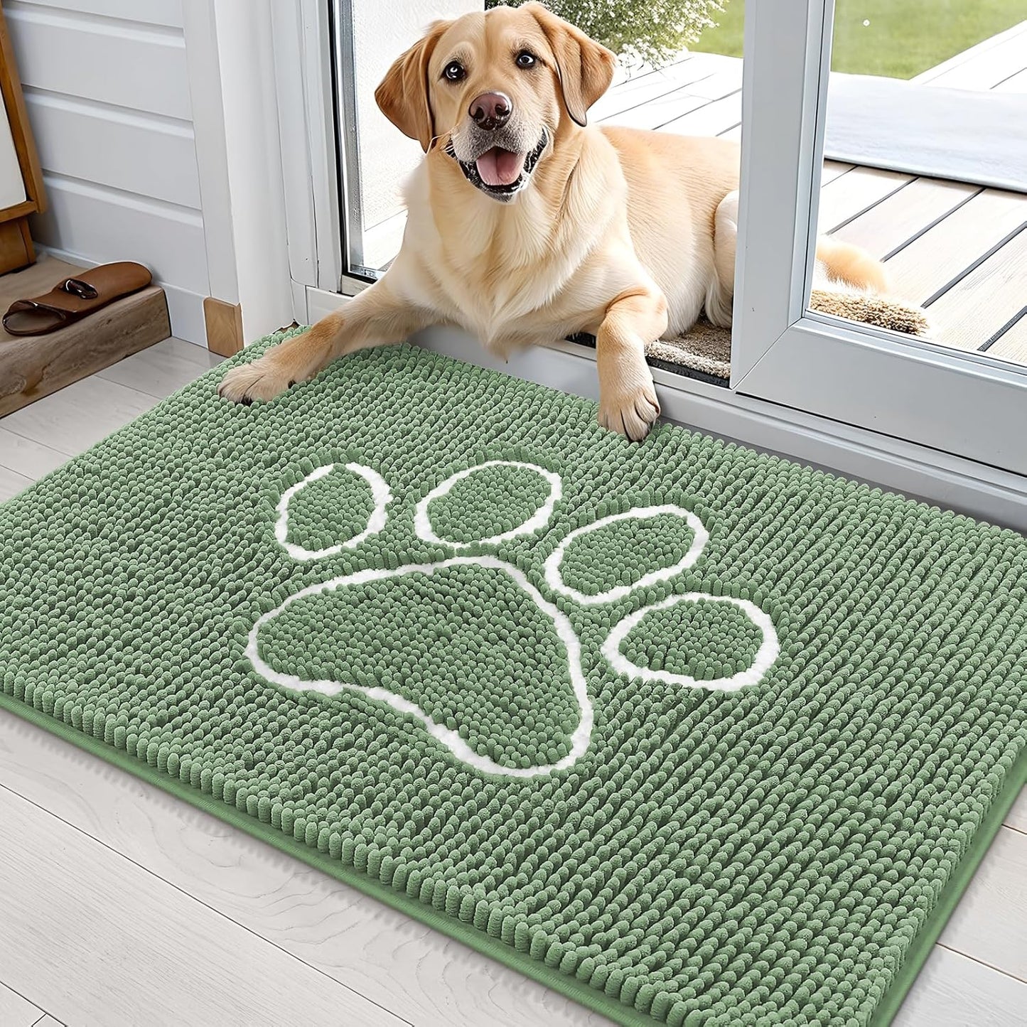 OLANLY Dog Door Mat - Muddy Paws Absorbent Design | Non-Slip Washable Chenille 36x24, Olive Green