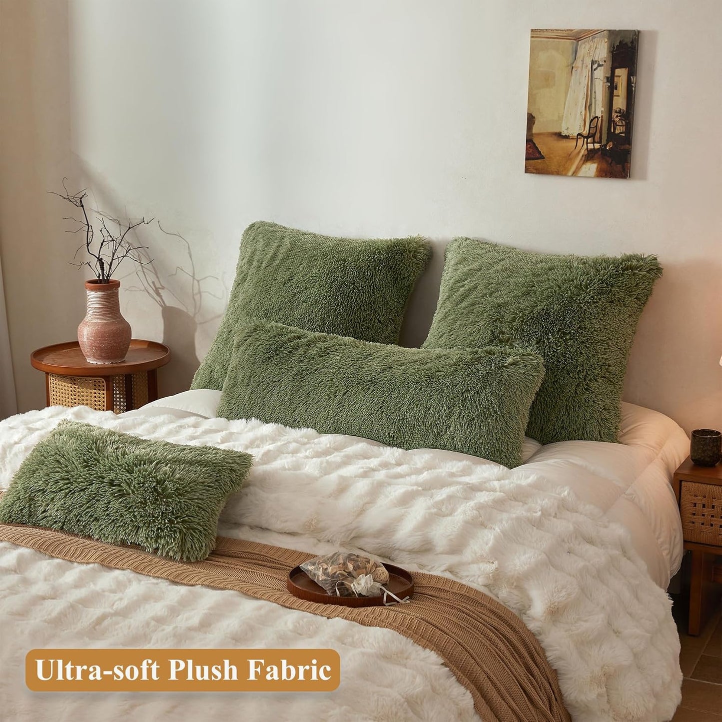 XeGe Fluffy Faux Fur Lumbar Pillow Cover - Cozy Moss Green Shaggy Design with Zipper | 14x36 Inches