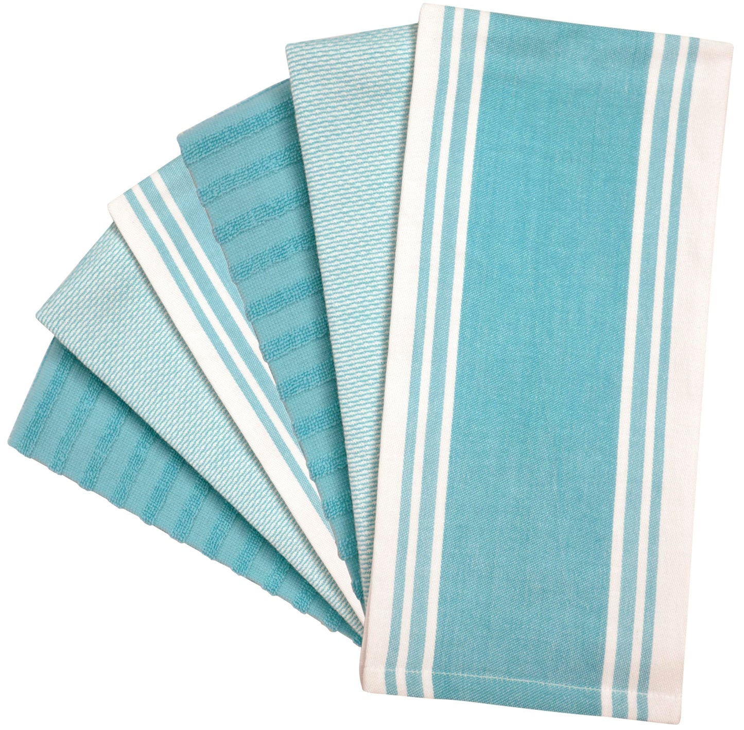 Premium Kitchen Towels (20”x 28”, 6 Pack) | Large Cotton Dish Towels | Flat & Terry Highly Absorbent Kitchen Linen Set with Hanging Loop | Wide Stripe Aqua