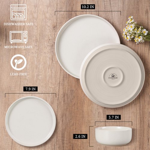 HaWare Stoneware Dinnerware Sets, 12-Piece Plates and Bowls Set for 4, Dishes Set for Home Restaurant, Speckled Milky White