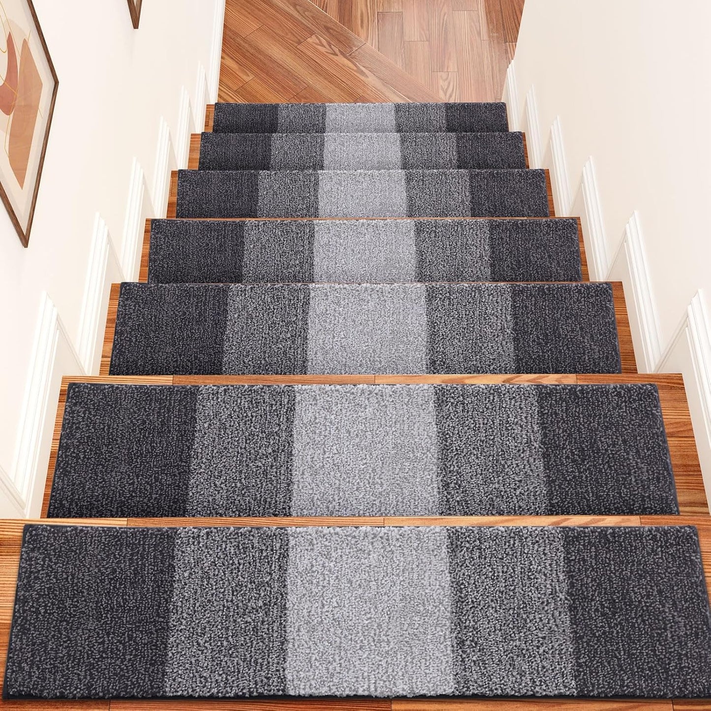 OLANLY Non-Slip Stair Treads - 15PCS Indoor Stair Runners for Wooden Steps | 8" x 30" Grey Edging Rugs with Reusable Adhesive for Kids, Elders, and Pets