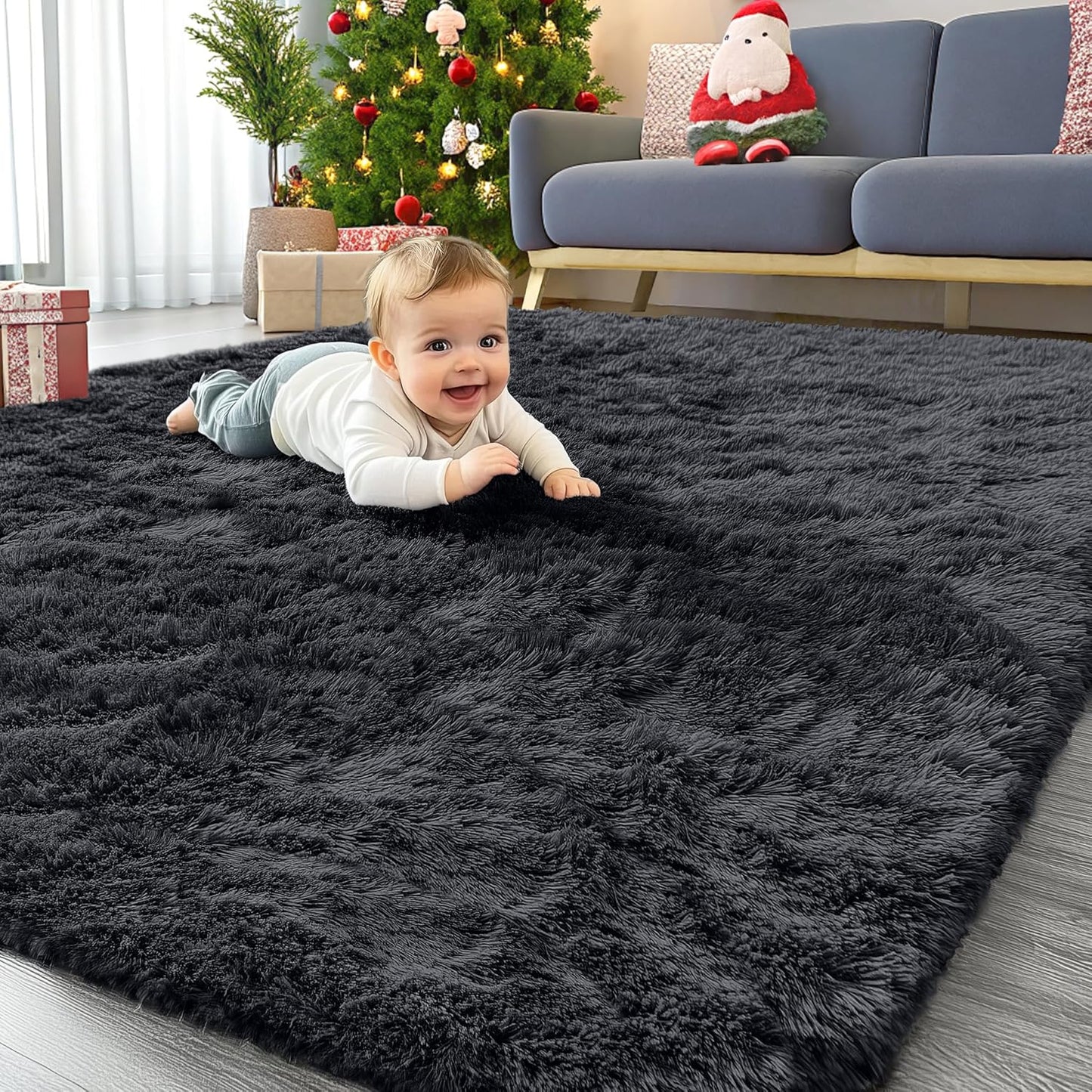 OLANLY Area Rugs - Soft Fluffy Shaggy Indoor Carpet for Living Room & Bedroom | 4x5.9 ft Black