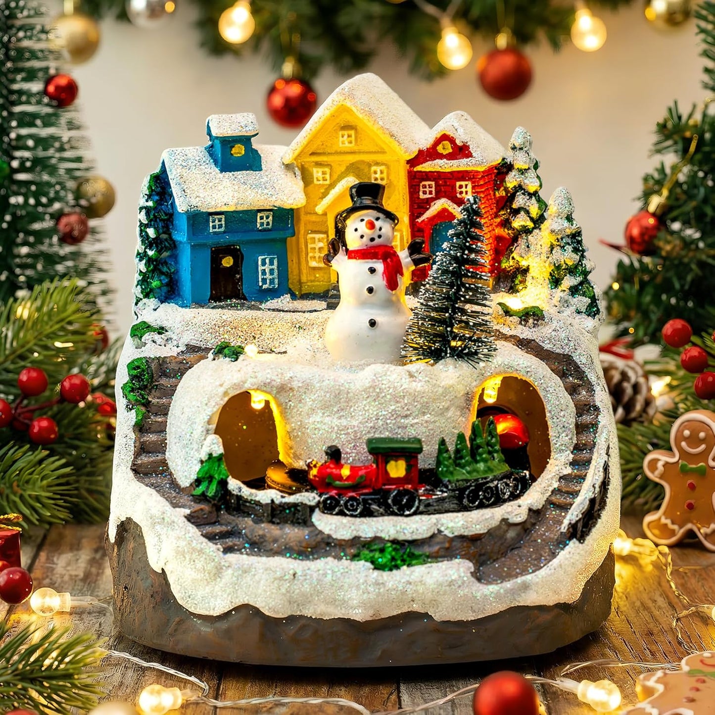 MXwcy Christmas Village House - Moving Train & Music, LED Lighted Snowman Figurine | Holiday Decor Collectible