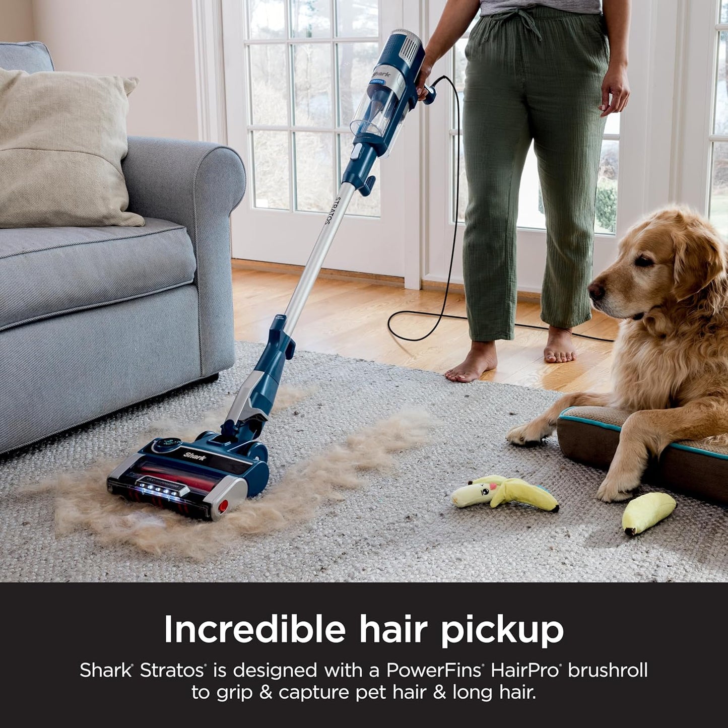 Shark HZ3002 Stratos Ultralight Corded Stick Vacuum - DuoClean PowerFins & Self-Cleaning Brushroll, Navy