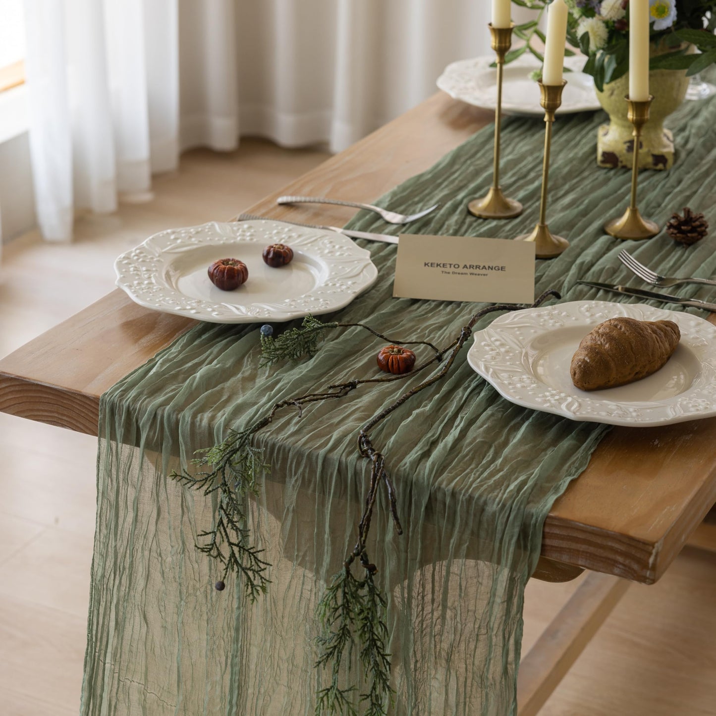 Keketoarrange Sage Green Table Runner Sheer French Country Decor Rustic Gauze Bali Yarn Cheesecloth 120 Inch 10 FT Cheese Cloth for Wedding Baby Bridal Shower Party Spring Summer Home Decorations