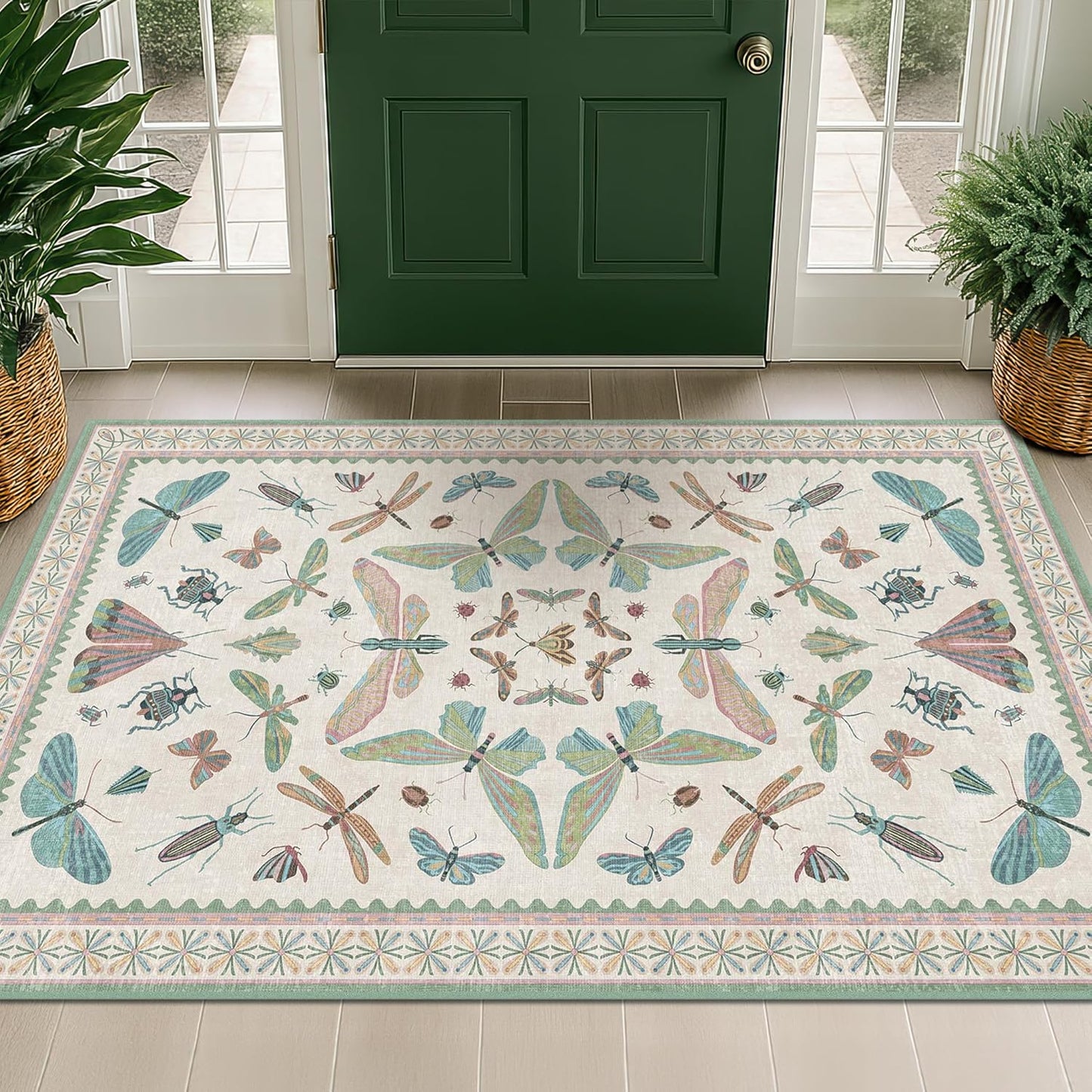 Regine Switzerland Washable Sage Green Area Rug - Large 3x5 Non-Slip Vintage Floral Design