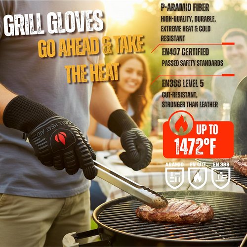 Grill Heat Aid Extreme Heat Resistant BBQ Gloves - 1472°F Fireproof Grilling Mitts for Men | EN407 Certified