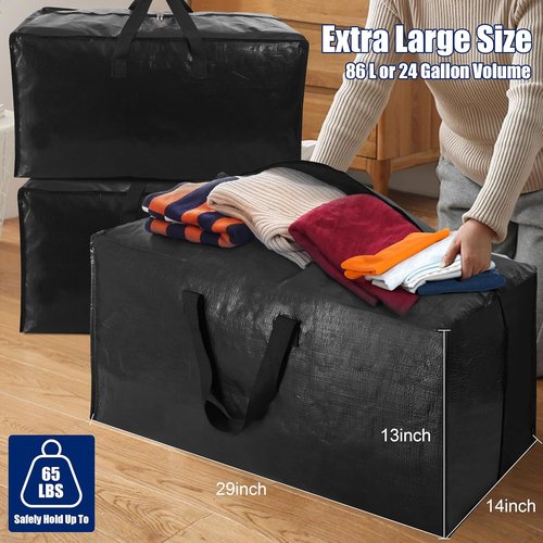 Cosy Family Extra Large Moving Bags - 8 Pack with Strong Handles, Zippers & Backpack Straps | Space-Saving Storage Totes (Black)