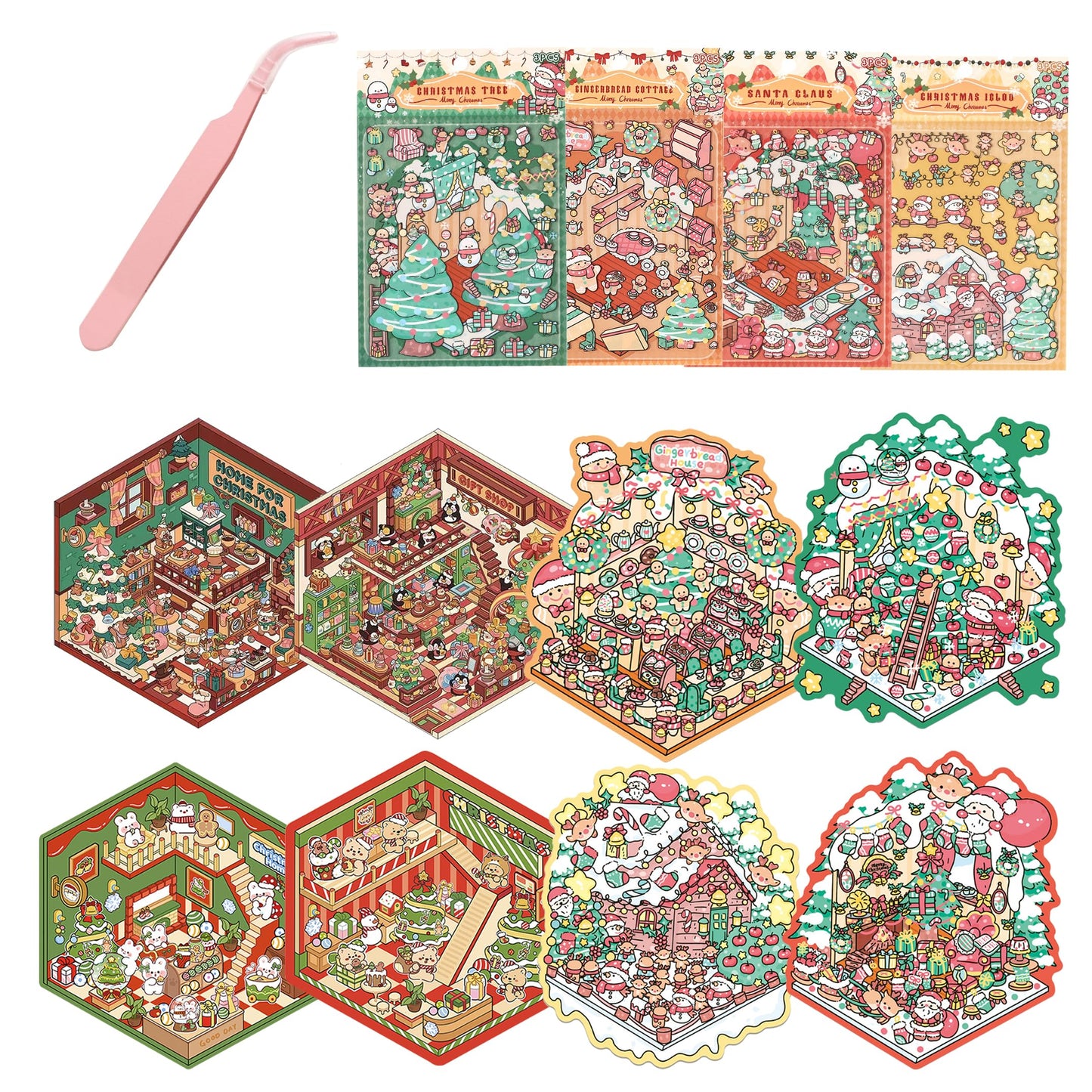 SZXYCZL Cute Miniature Scene 8Sets DIY 3D Stickers Scene Christmas House, Make You Own Mini House Sticker Therapy for Teen Adult Relief Pass The Time-Merry Christmas