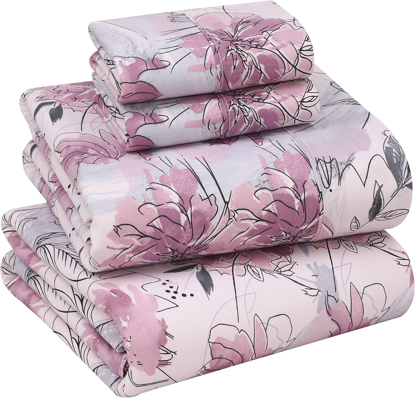 Ruvanti 100% Cotton Full Size Bed Sheet Set - Soft Lilac Floral Print | 4-Piece Cooling Bedding with Deep Pockets