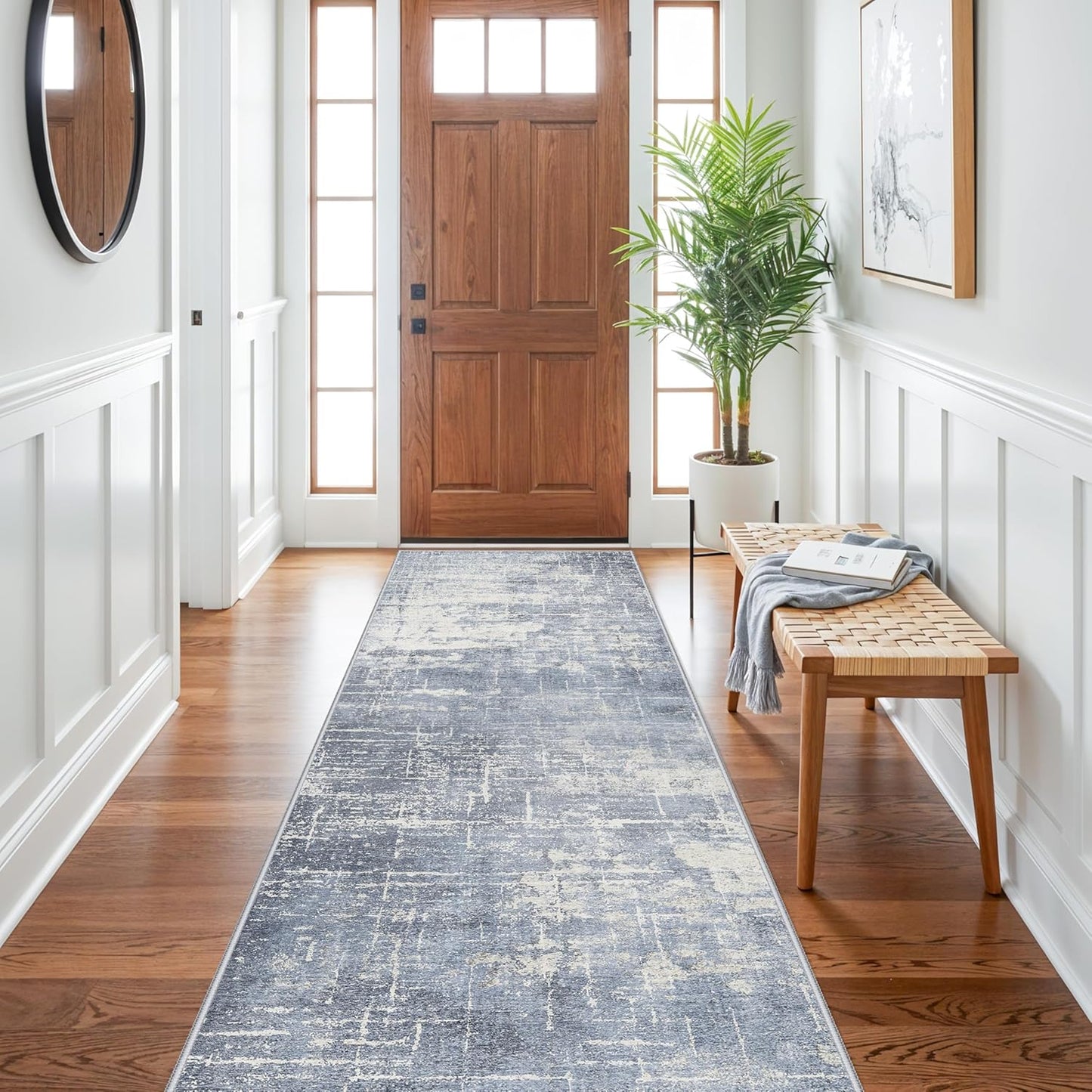 Skiennix Abstract 3x10 Kitchen Rug Runner - Washable Non-Slip Soft Indoor Carpet | Blue/Ivory for Living Room & Hallway